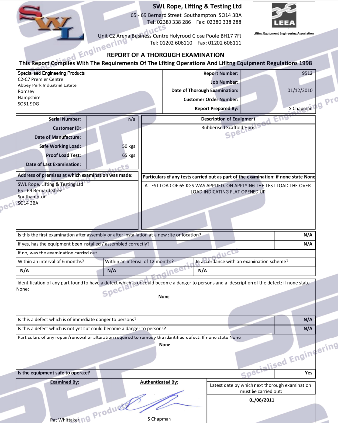 S-HOOK test certificate